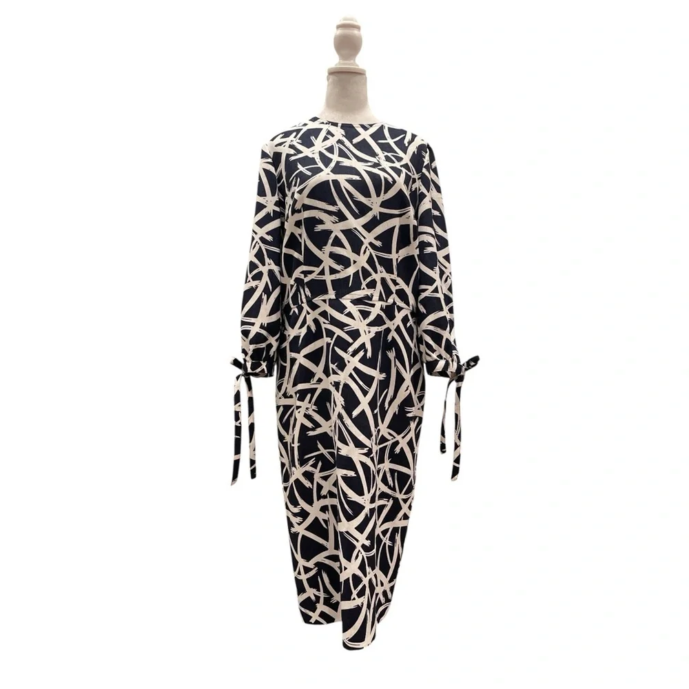 Navy Abstract Midi Dress M Office Chic Parisian Minimalist - Picture 3 of 8